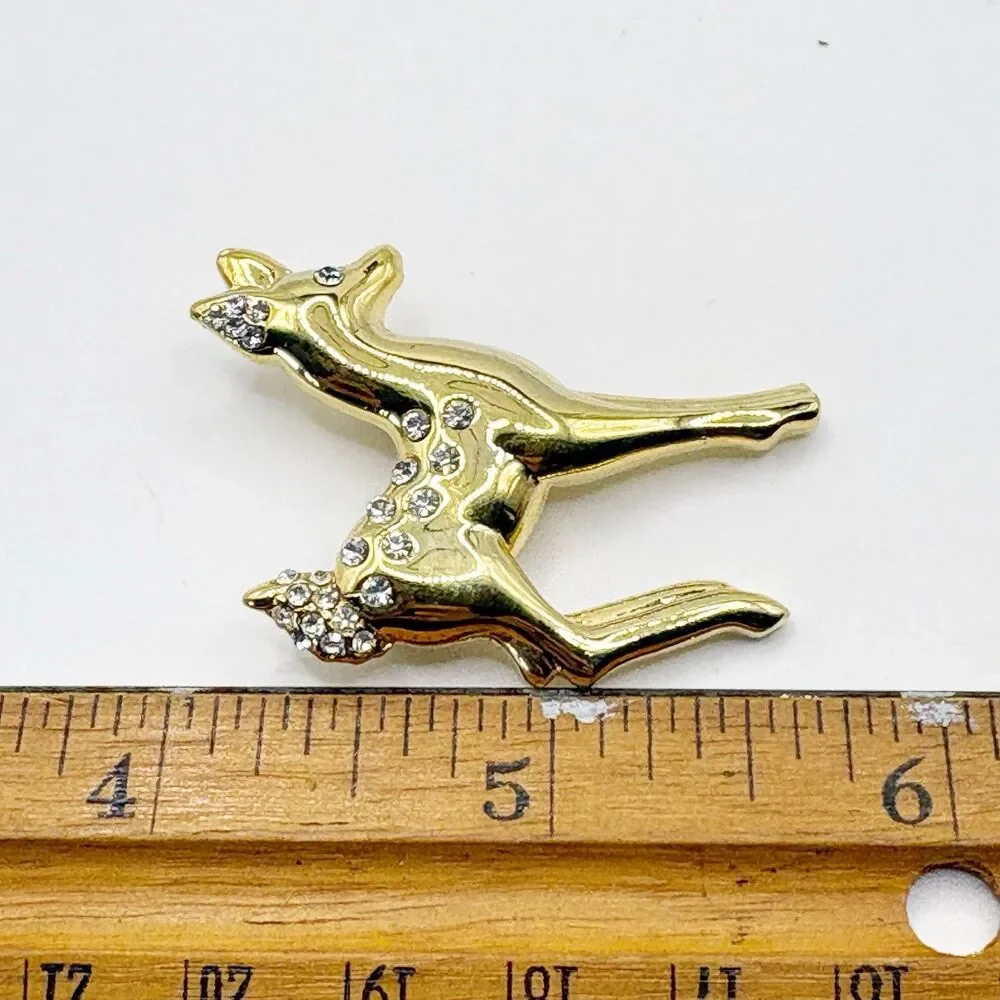 Gold Tone Reindeer Brooch Rhinestone Accents Costume Jewelry Christmas